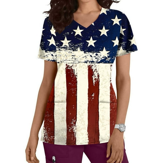 EGNMCR Nursing Scrub Tops for Women 4th of July Patriotic Flag Print Working Uniform Short Sleeve V Neck Workwear Blouse T shirt with Pockets, Mothers Day Gifts Summer