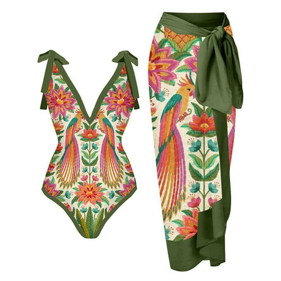 EGNMCR One-piece Swimsuit Women Bikini Swimsuit with Chiffon Wrap Around Long Skirt for Women Vintage Summer Floral Printed tummy-control Bathing Suit TwoPiece Set - Summer Savings Clearance