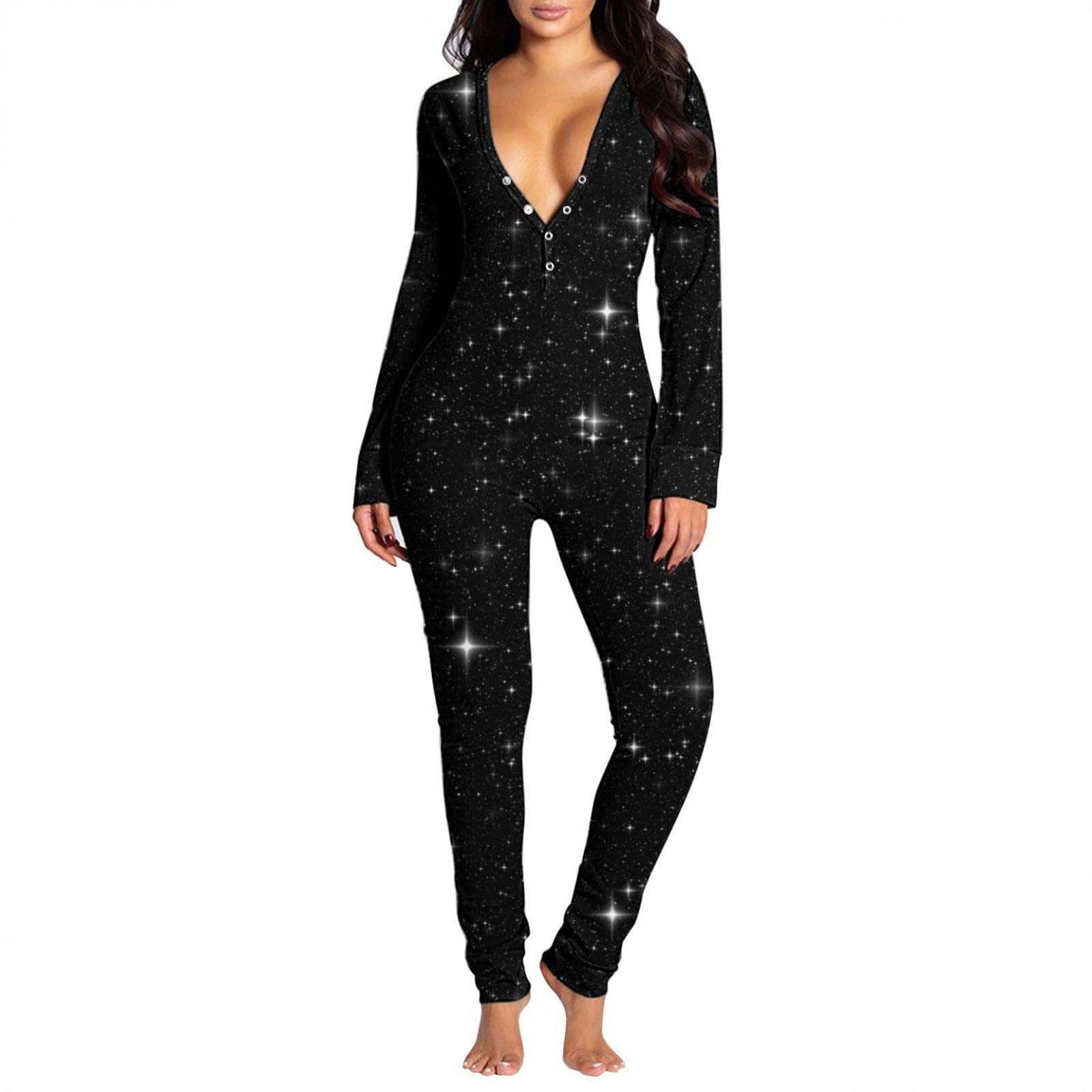 Egnmcr Onesie Pajamas For Women Sexy V Neck Butt Button Flap Jumpsuit