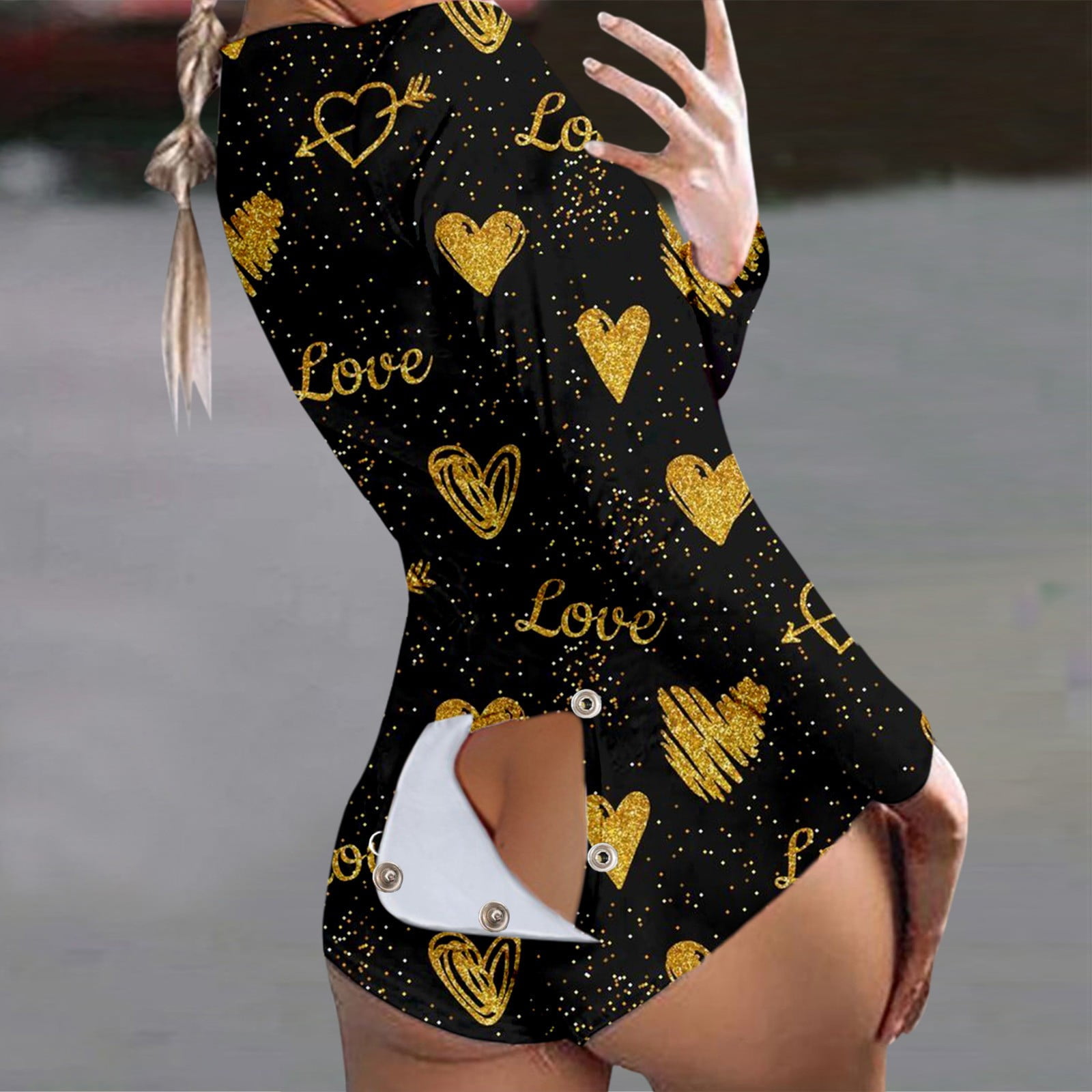 EGNMCR Onesie Pajamas for Women Sexy V Neck Butt Button Flap