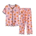 thumbnail image 1 of EGNMCR Pajamas for Women Set Plus Size Summer Cotton Silk Printed Short Sleeve Round Neck Top And Pant Two Piece Sets, 1 of 3