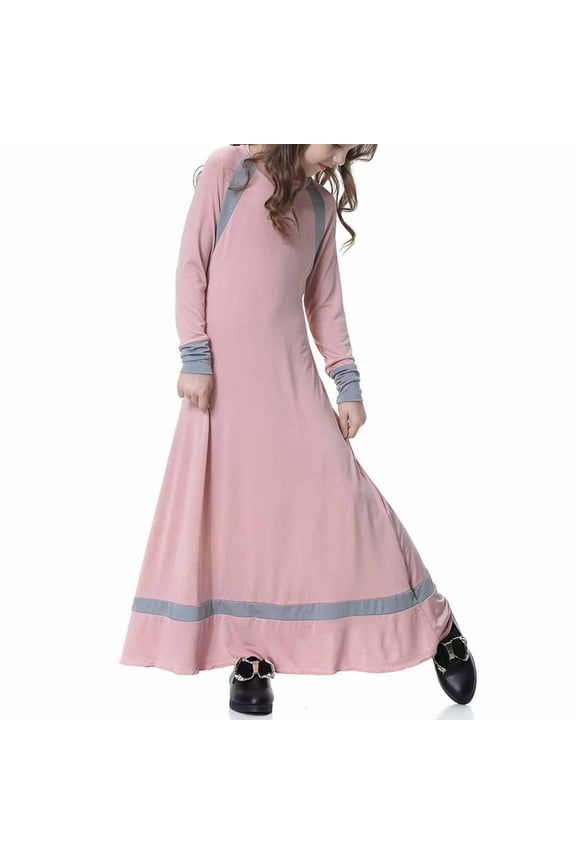 Pinks Kids Girls Muslim Islamic Dress Long Sleeves Soft Full Length Robe Burka Arab Maxi Kaftan Dress Muslim Long Dress V Neck Colorblock Dress-Pinks-8-9T