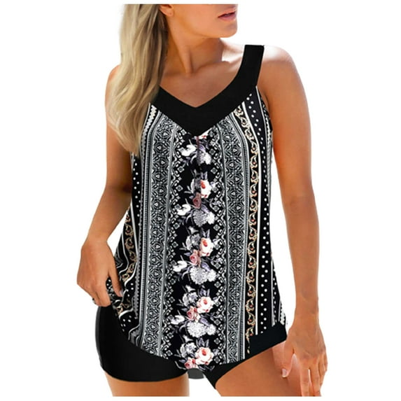 EGNMCR Plus Size Swimsuit for Women Tankini Bathing Suits Fashion Summer Strappy Casual Printed Swimwear Beachwear Two Piece Set Summer Sale