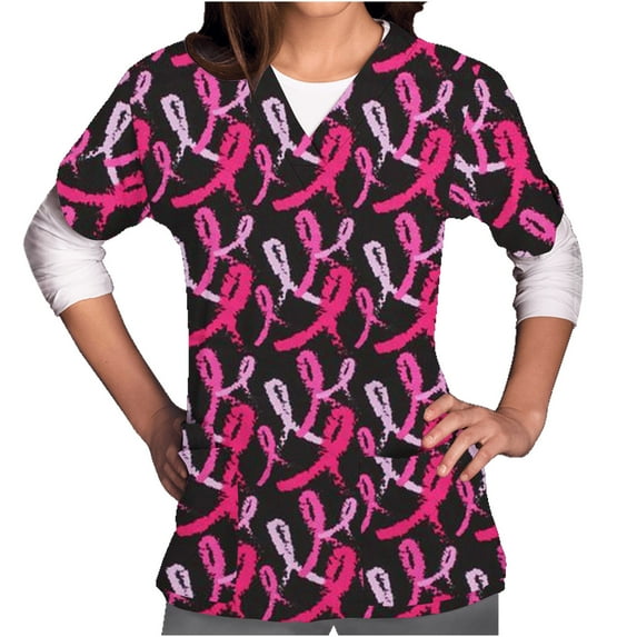 EGNMCR Scrub For Women Breast Cancers T-Shirt Pinks Ribbon Month Printed with Pockets Nursing Uniforms Short Sleeve V Neck Top