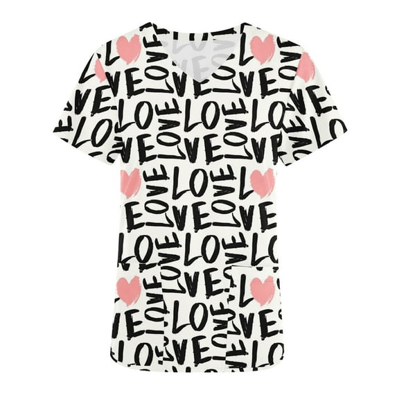 EGNMCR Scrub Top Women Tops Short Sleeve V-neck Tops Working Uniform Valentine's Day Print With Pocket Blouse - Fall/Winter