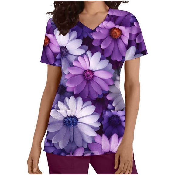 EGNMCR Scrub for Women Fashion Casual Flower Printing Short Sleeve V Neck Pocket Nurse Uniform Workwear Blouse Tops Spring/Summer Sale