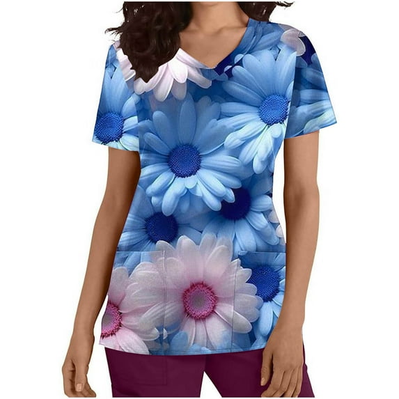 EGNMCR Scrub for Women Fashion Casual Flower Printing Short Sleeve V Neck Pocket Nurse Uniform Workwear Blouse Tops Spring Summer Sale
