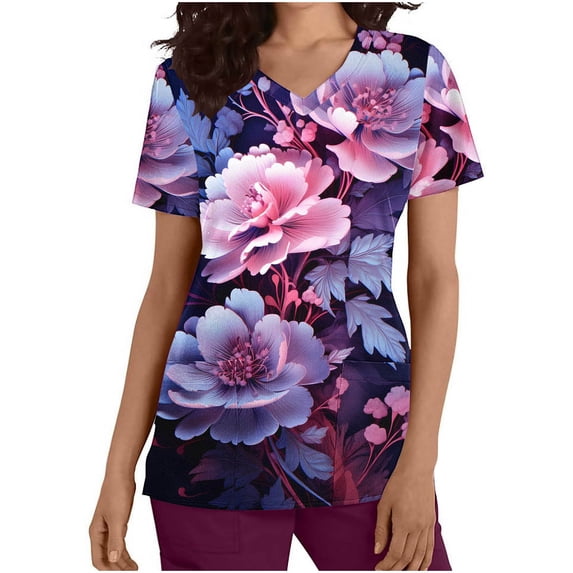 EGNMCR Scrub for Women Fashion Casual Flower Printing Short Sleeve V Neck Pocket Nurse Uniform Workwear Blouse Tops Spring Summer Sale