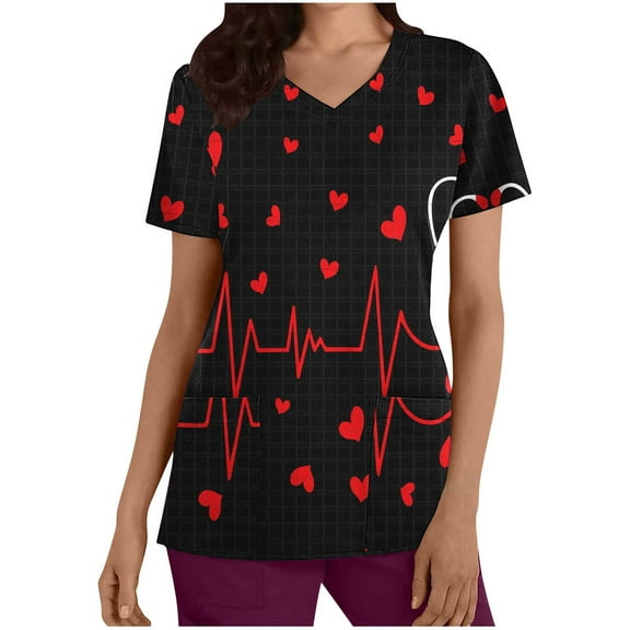 EGNMCR Scrub for Women Short Sleeve Casual Printed V Neck Pocket Scrub Top Workwear