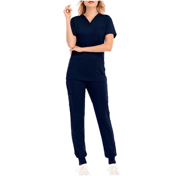 EGNMCR Scrubs for Women Short Sleeve V Neck Solid Color Pocket Long Pants Scrub Sets Nurse Suit 2 Piece Sets Workwear Spring/Summer Sale