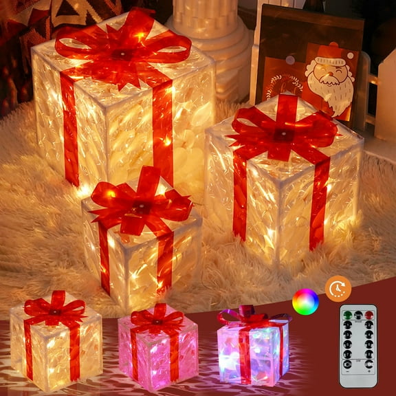EGNMCR Set of 3 Lighted Gift Boxes Christmas Decorations, LED Pre-Lit Light up Present Boxes for Xmas Tree, Holiday, Party Decorations, Multicolor