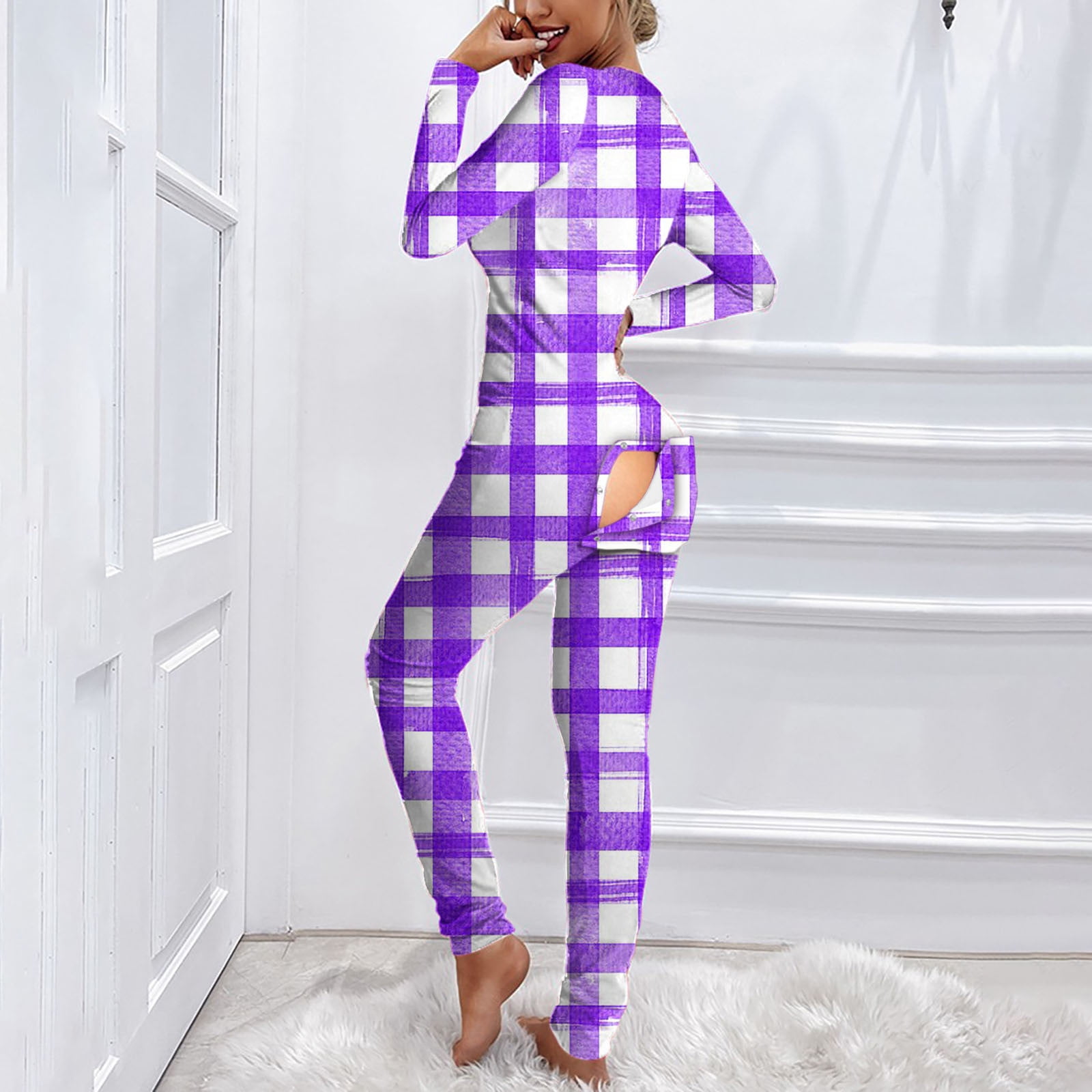 EGNMCR Sexy Jumpsuits For Women Fashion Plaid Printed Button Up ...