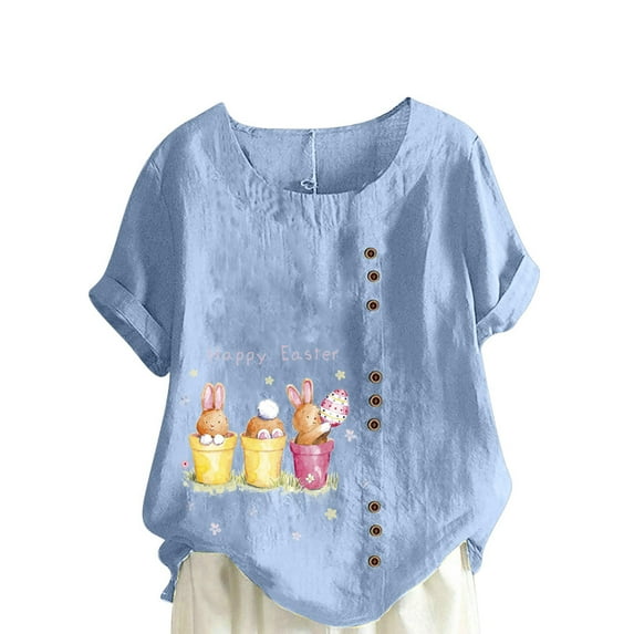 EGNMCR Shirts for Women Plus Size Fashion Linen Funny Rabbit Bunny Easter Printed Short Sleeve Crew Neck Casual Loose T-shirt Pullover Blouse Tops Spring/Summer Sale