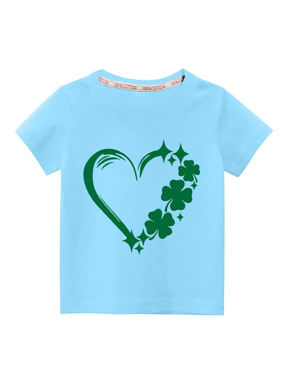 St Patrick's Day Toddler Boy Girl Cotton Shirts Kids Boys Girls Fashion Cute Round Neck Print Short Sleeve Top-Blue-9T