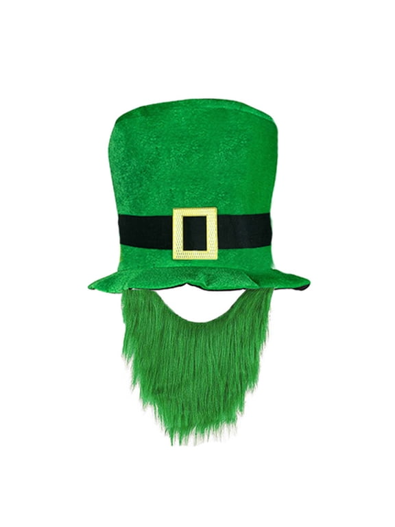 St. Patrick's Day Hat Green Leprechaun Top Hat with Beard Irish Shamrockes Velvet Hat