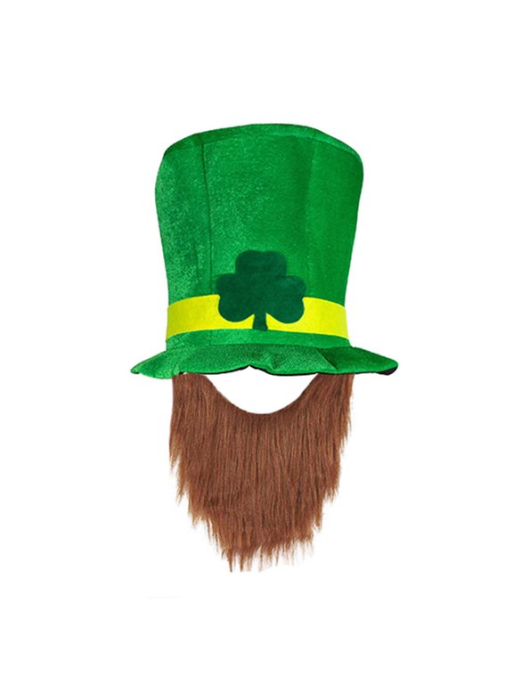 St. Patrick's Day Hat Green Leprechaun Top Hat with Beard Irish Shamrockes Velvet Hat