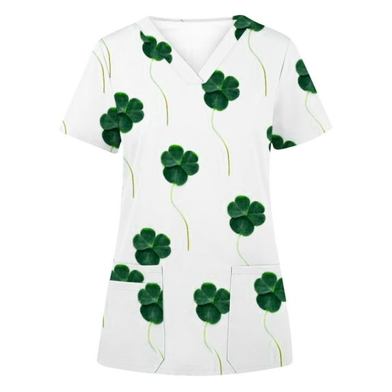 EGNMCR St Patricks Day Scrub Tops for Women Irish Print Scrub Tops with Pocket Summer Short Sleeve V Neck Holiday Tee Gnome Green Working Uniform V Neck Workwear Blouse T-shirt