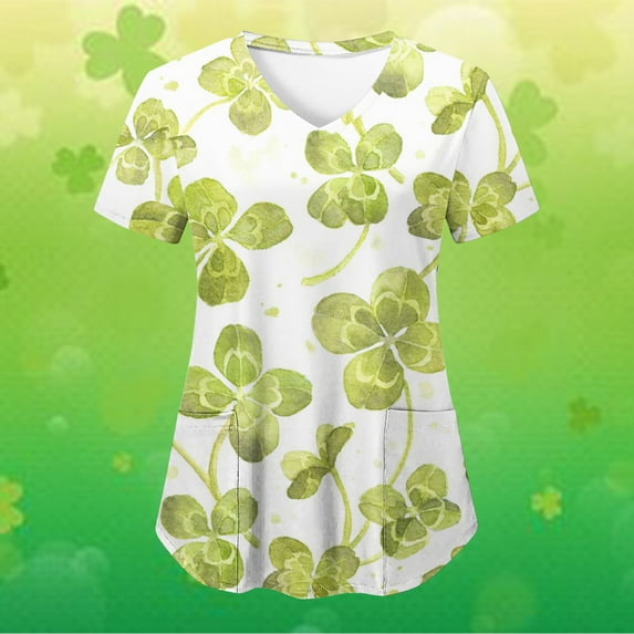 EGNMCR St Patricks Day Scrub Tops for Women Irish Print Scrub Tops with Pocket Summer Short Sleeve V Neck Holiday Tee Gnome Green Working Uniform V Neck Workwear Blouse T-shirt
