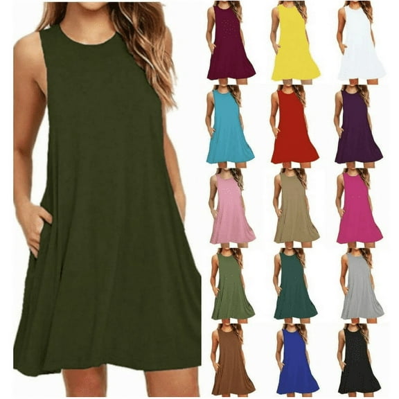 Axiiglly Summer Dresses for Women Beach Party Sundress Sleeveless Casual Loose Pockets Tank Dress