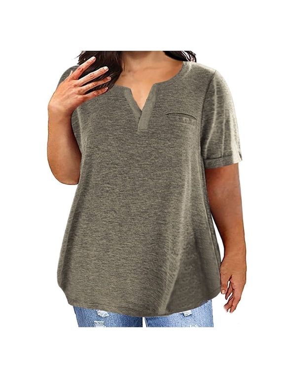 Summer Tops for Women 2024 Plus Size Fashion V Neck Short Sleeve Solid Color Casual Loose Soft T-Shirt Pullover Blouse Tops Spring/Summer Sale