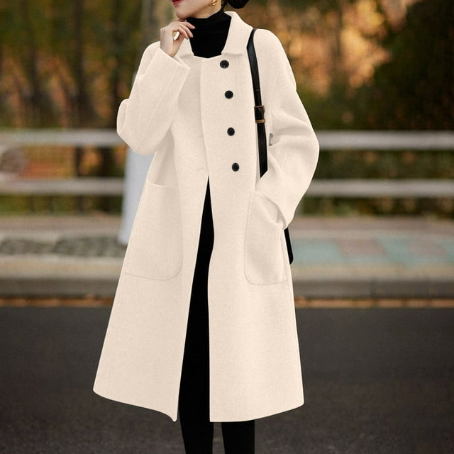 EGNMCR Trench Coats for Women Notch Lapel Single Breasted Wool Long Jacket Winter Solid Color Overcoat Coats with Pockets on Clearance