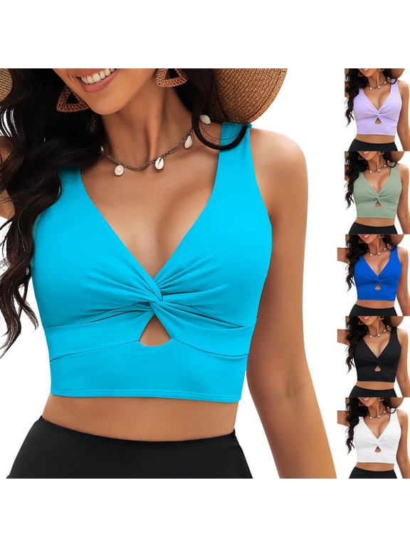 Twists Front Bikini Tops for Women - Padded V Neck Criss Cross Back Swim Bathing Suit