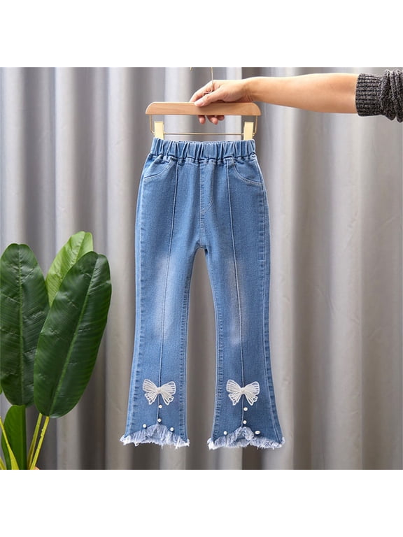 White Kids Toddler Little Baby Girl Ruffle Ripped Jeans Bell Bottom Flare Pants Ripped Denim Leggings Trousers-White-4-5T