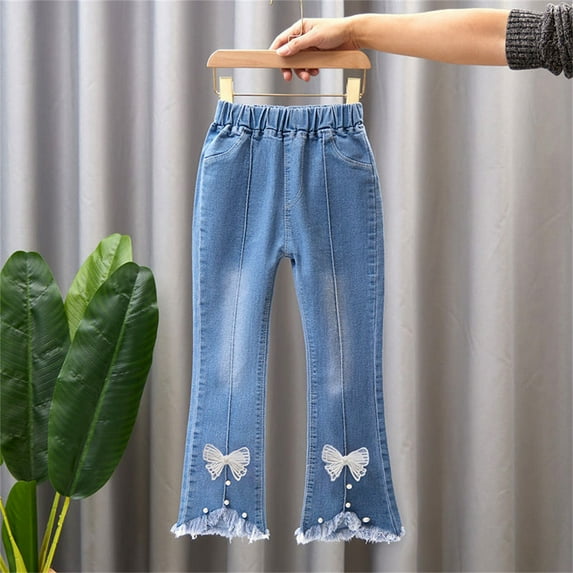 EGNMCR White Kids Toddler Little Baby Girl Ruffle Ripped Jeans Bell Bottom Flare Pants Ripped Denim Leggings Trousers-White-5-6T