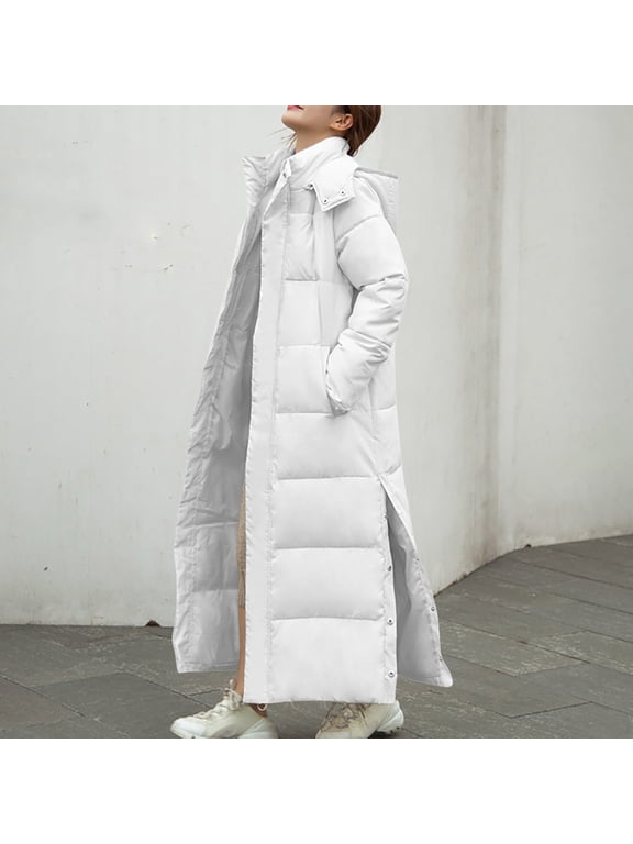 White Long Puffer Jacket for Women, Thickened Winter Oversized Coat Hooded with Deep Pockets Ladies Warm Winter Zip Jacket Outwear Fall Winter