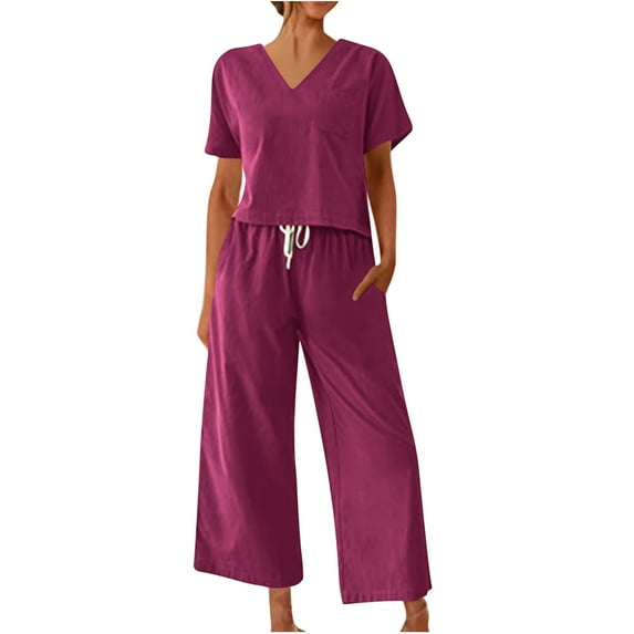 EGNMCR Women 2 Piece Cotton Linen Sets Outfits for Women Solid Color Crewneck Short Sleeve Tops Loose Fit Pants Suit Purple - Summer Savings Clearance