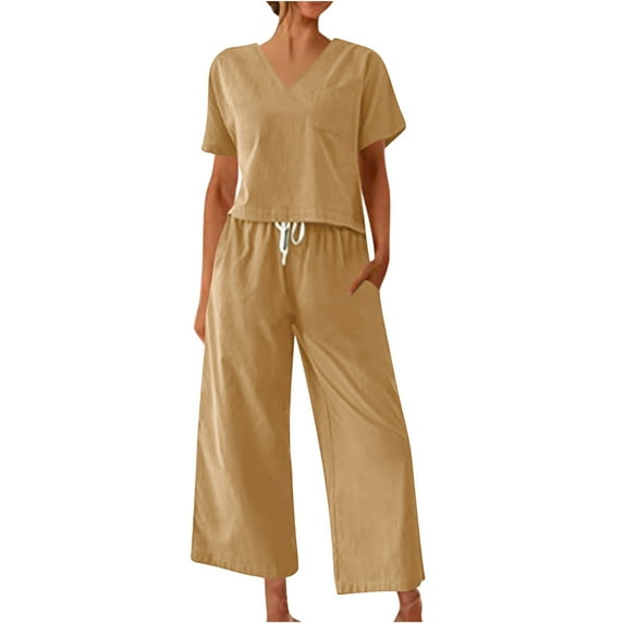 EGNMCR Women 2 Piece Cotton Linen Sets Outfits for Women Solid Color Crewneck Short Sleeve Tops Loose Fit Pants Suit Khaki - Summer Savings Clearance