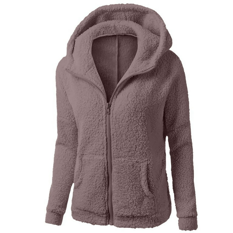 EGNMCR Women Fleece Jacket Thick Plush Zip Up Hoodies with Pockets Solid Color Casual Winter Coats for Women on Clearance
