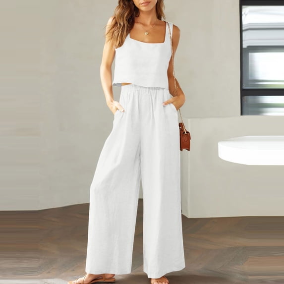 EGNMCR Women Linen Sets 2 Piece Summer Outfits 2 piece Casual Suit Linen Shorts Sleeveless Top Vest Sleeveless Crewneck TopShirt Suit White Summer