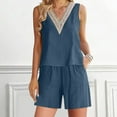 thumbnail image 1 of EGNMCR Women Linen Sets 2 Piece Summer Outfits 2PC Fashion Woman Round Neck Solid Sleeveless Blouse +Loose Cotton Linen Pockets Pants Short Sets Dark Blue Summer, 1 of 6
