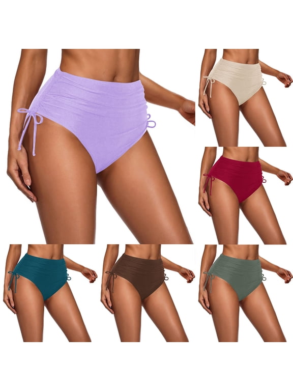 Women Mid Waist Bikini Bottoms - Full Coverages Swim Bathing Suit Bottom Side Tied Swimsuit Bottoms