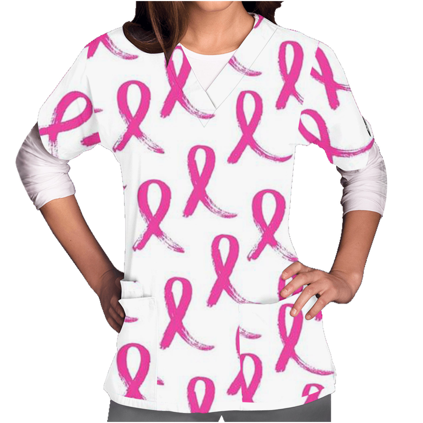 EGNMCR Women Nursing Scrubs Tops Breast Cancer Awareness Printed