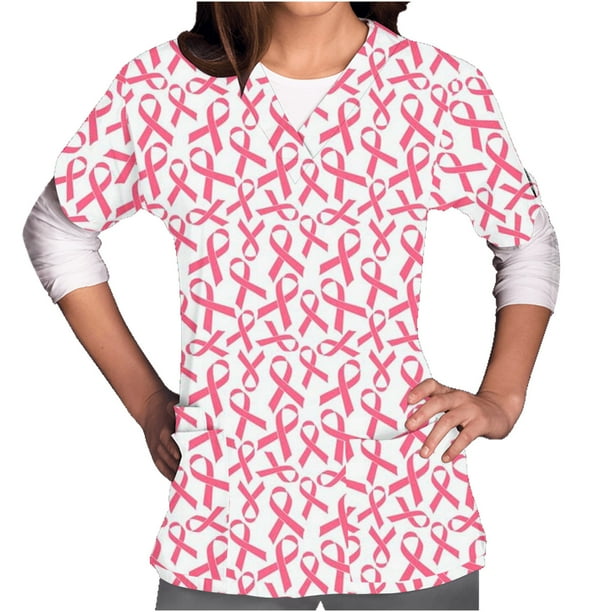 EGNMCR Women Nursing Scrubs Tops Breast Cancer Awareness Printed