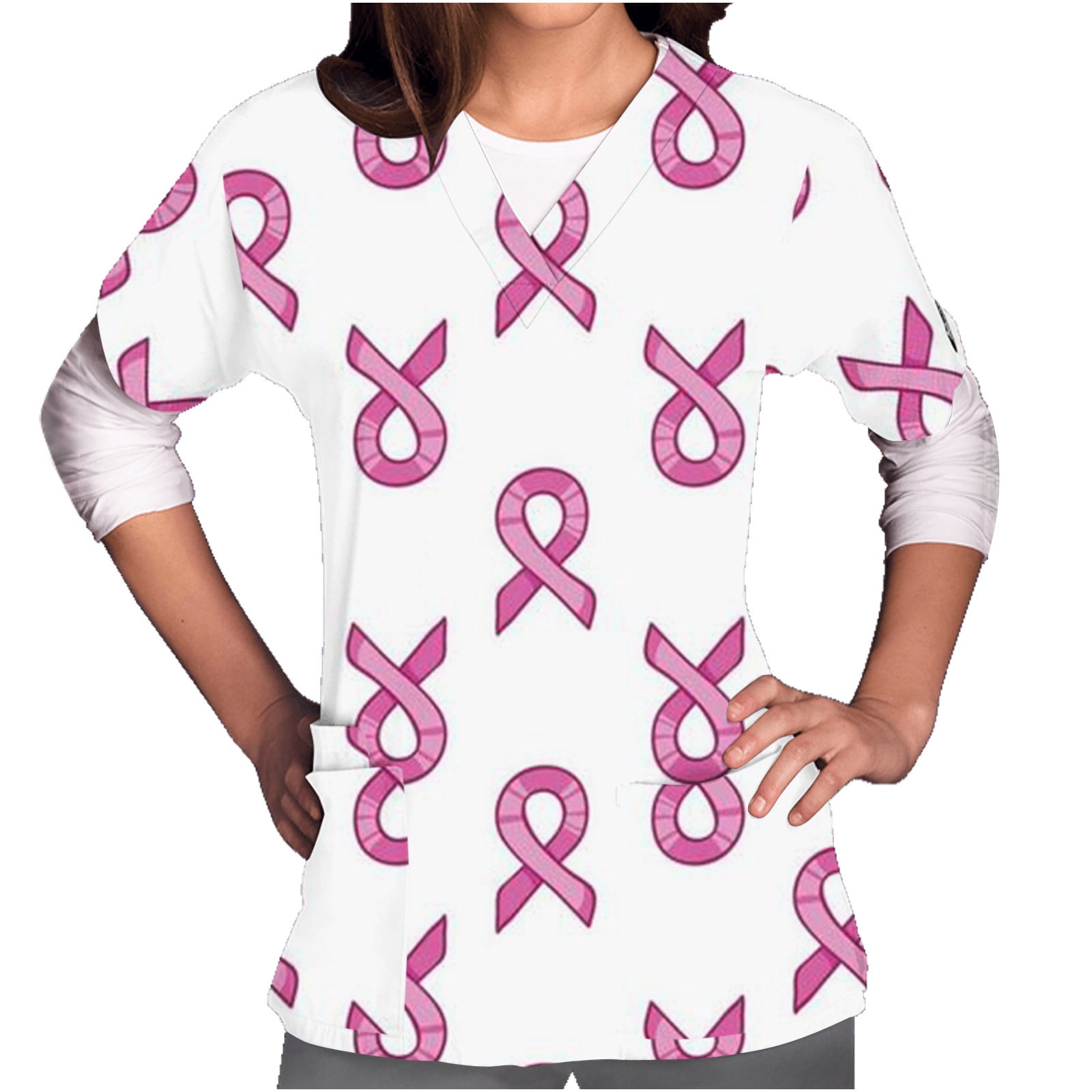 EGNMCR Women Nursing Scrubs Tops Breast Cancer Awareness Printed Working Uniform Short Sleeve V