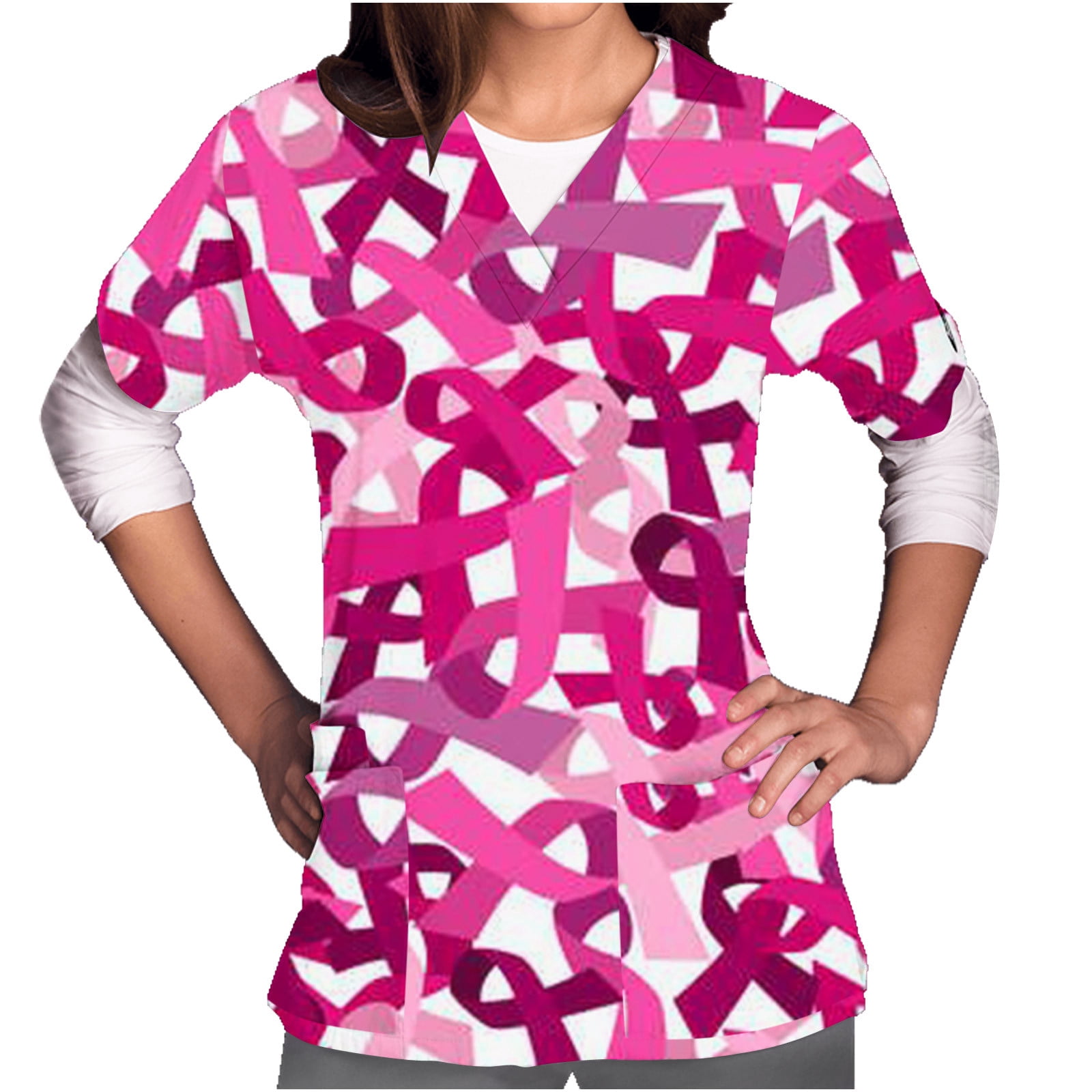 EGNMCR Women Nursing Scrubs Tops Breast Cancer Awareness Printed Working Uniform Short Sleeve V