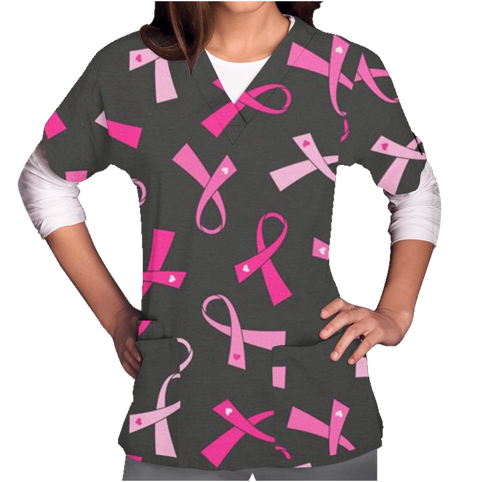 EGNMCR Women Nursing Scrubs Tops Breast Cancer Awareness Spread Printed Working Uniform Short