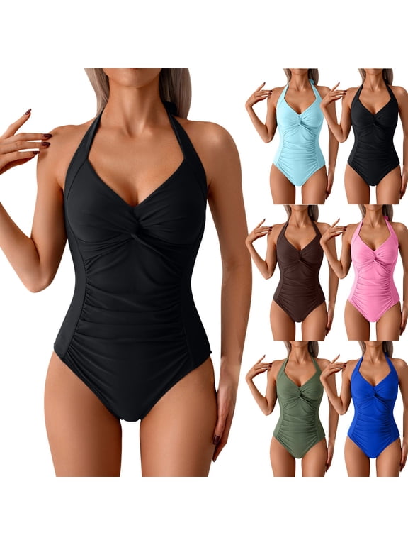 Women One Piece Swimsuits Tummys control Deep V Bathing Suits Halters Push Up Full Coverages Swimwear