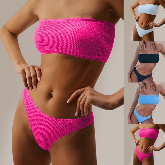 EGNMCR Women Strapless Ribbed High Cut Bandeau Bikini Lace Up 2 Pieces Swimwear Cheeky Solid Bathing Suits