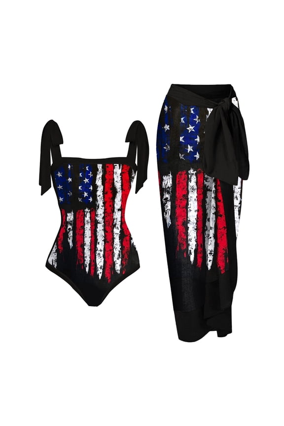 Women's America Flag One piece Swimsuit Scoop Neck Bathing Suits Bikini Swimwear Beach Swimsuit with Cover up Wrap Skirt Bathing Suits Summer