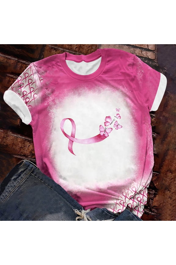 Women's Breast Cancers T-Shirt Pinks Ribbon Cancers Awareness Printed Shirt Round Neckline Short Sleeve Loose T-Shirt