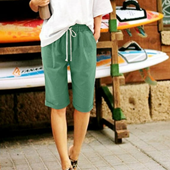 EGNMCR Women's Casual Cotton Elastic Waist Linen Shorts Drawstring Summer Beach Plus Size Fashion Casual Loose Soft Solid Color Mid Waist Thin Lace Up Pants Green Summer