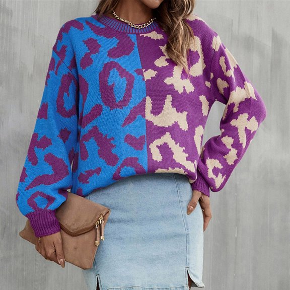 EGNMCR Women's Crew Neck Pullover Sweater Causal Knit Pullover Sweater Leopard Patchwork Mixed Long Sleeve Pullover Sweater