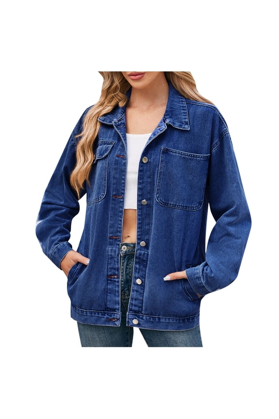 Women's Denim Jacket Casual Long Sleeve Oversized Denim Shirts Distresse Button Down Stretch Jean Jacket Fall Outfits Fall Winter
