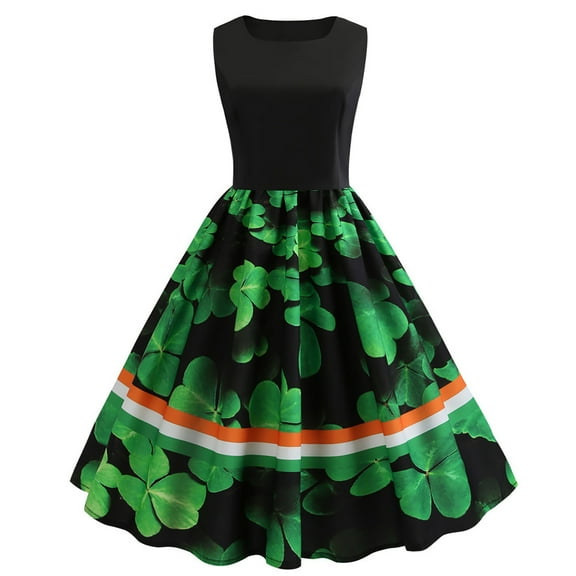 EGNMCR Women's Formal Dresses Fashion St. Patrick's Day Printed Sleeveless Round Neck Cocktail Dress Prom Dress Evening Dress Spring/Summer Sale