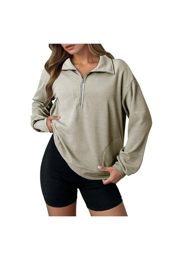 Women's Half Zip Quilted Sweatshirts Crew Neck Long Sleeve Pullover Tops Textured Solid Casual Fashion Fall Tops with Pockets Fall Winter