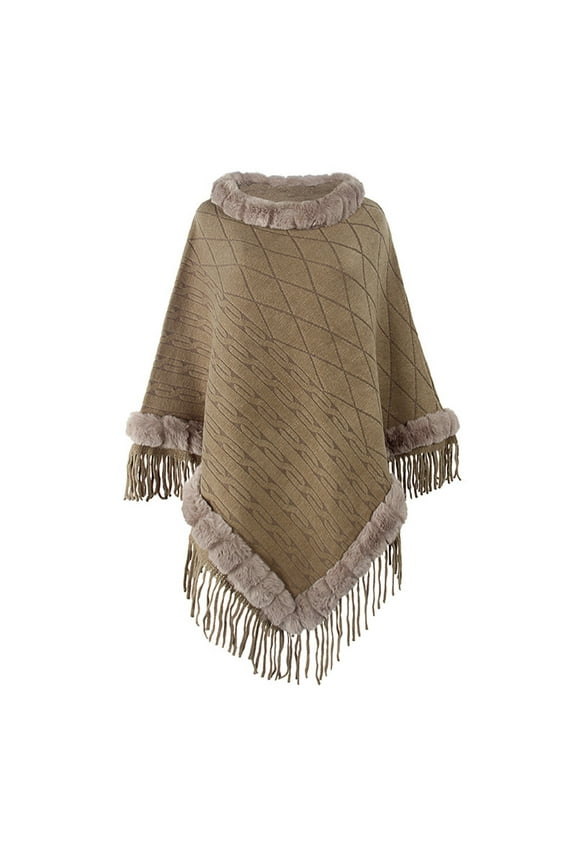 Women's Knitted Tassel Shawl Asymmetric Hem Poncho Fringed Pullover Sweater Solid Color Cowl Neck Top Coat Wrap Cape